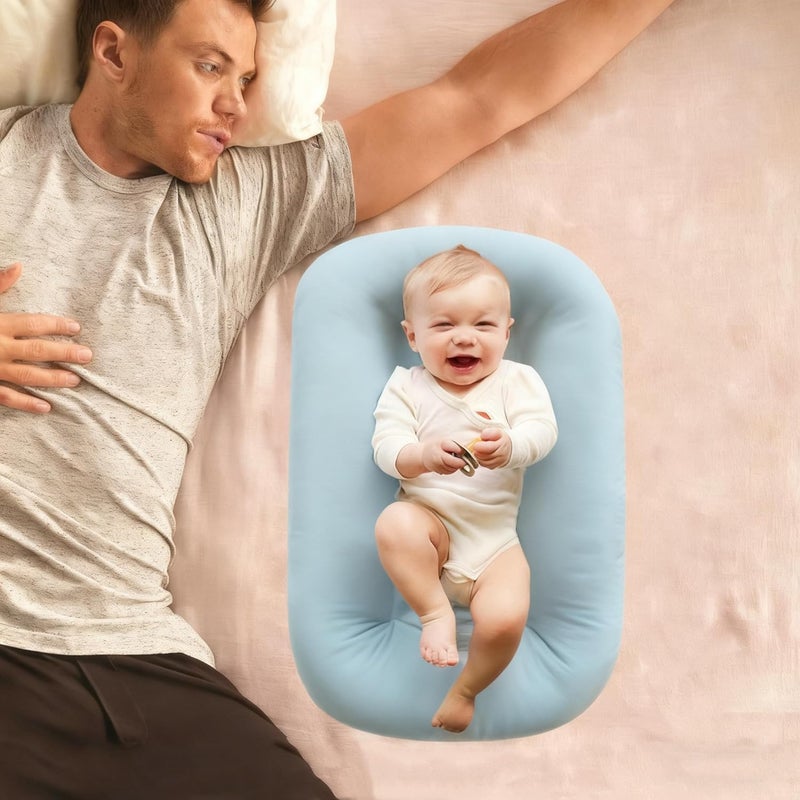 Loevin Baby Lounger for Newborn,Baby Nest for Newborn Soft Cotton Breathable for Playtime & Relaxation,Flat Babies Essentials Gifts Newborn Lounger for Boys & Girls 0-12 Months(Misty Blue) - Image 2